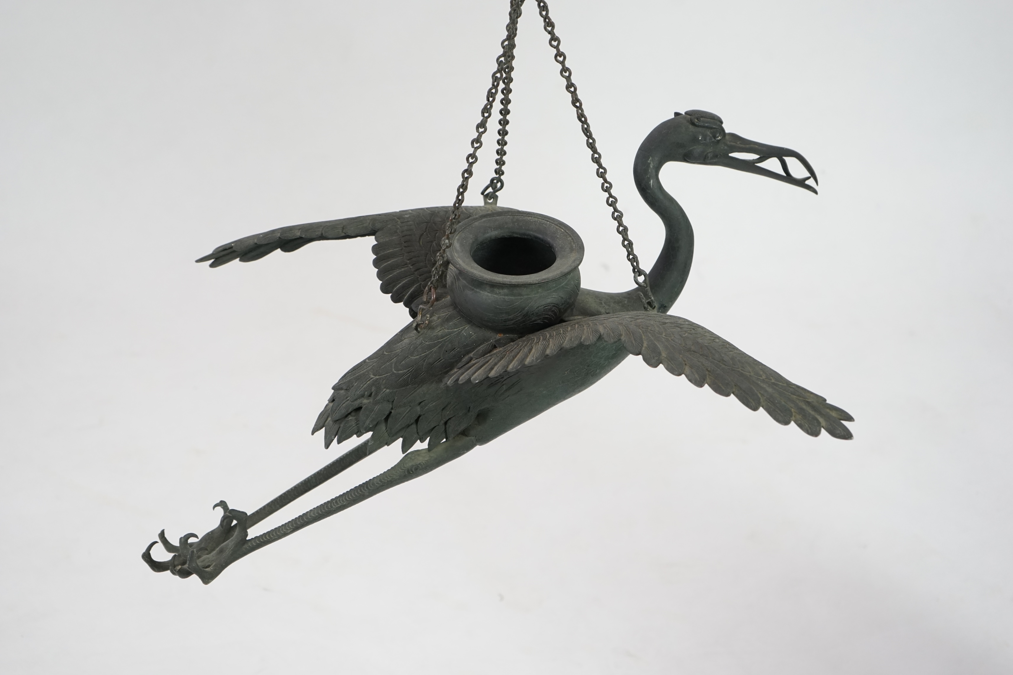 A large Japanese bronze ‘crane’ hanging lamp, 19th century